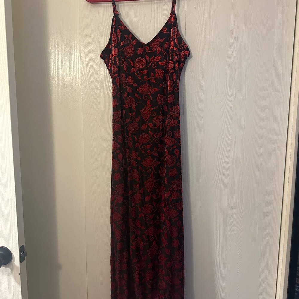 Red Rose Print Slip Dress - Women's Elegant Maxi